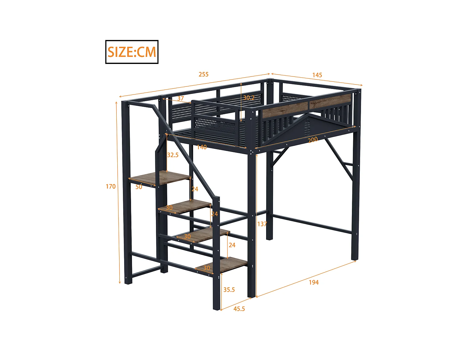 Cama mezanino de metal 140x200 cm com espaço de segurança e armazenamento na cor preta para crianças