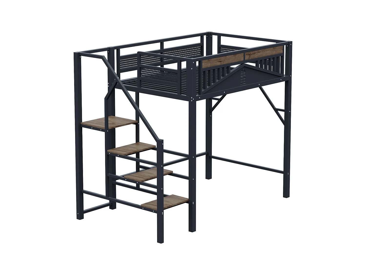 Cama mezanino de metal 140x200 cm com espaço de segurança e armazenamento na cor preta para crianças