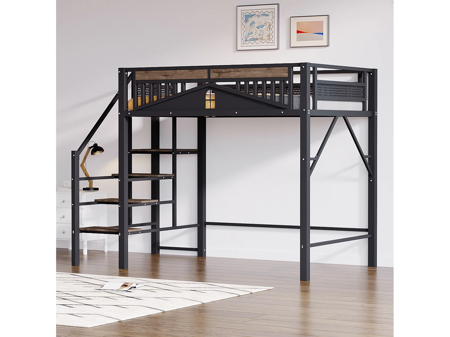 Soppalco illuminato 140x200 cm in metallo con sicurezza e spazio di rangement nero per bambini