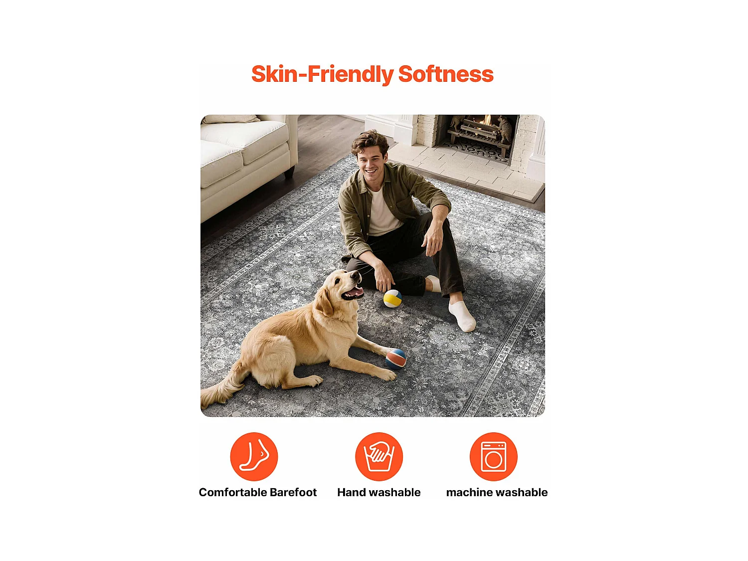 Tapis Salon SucceBuy, 2,4 x 3 m, Grand Tapis Chambre Lavable et Antidérapant, Doux Confortable, Style Vintage, pour Chambre, Bureau, Entrée, Gris