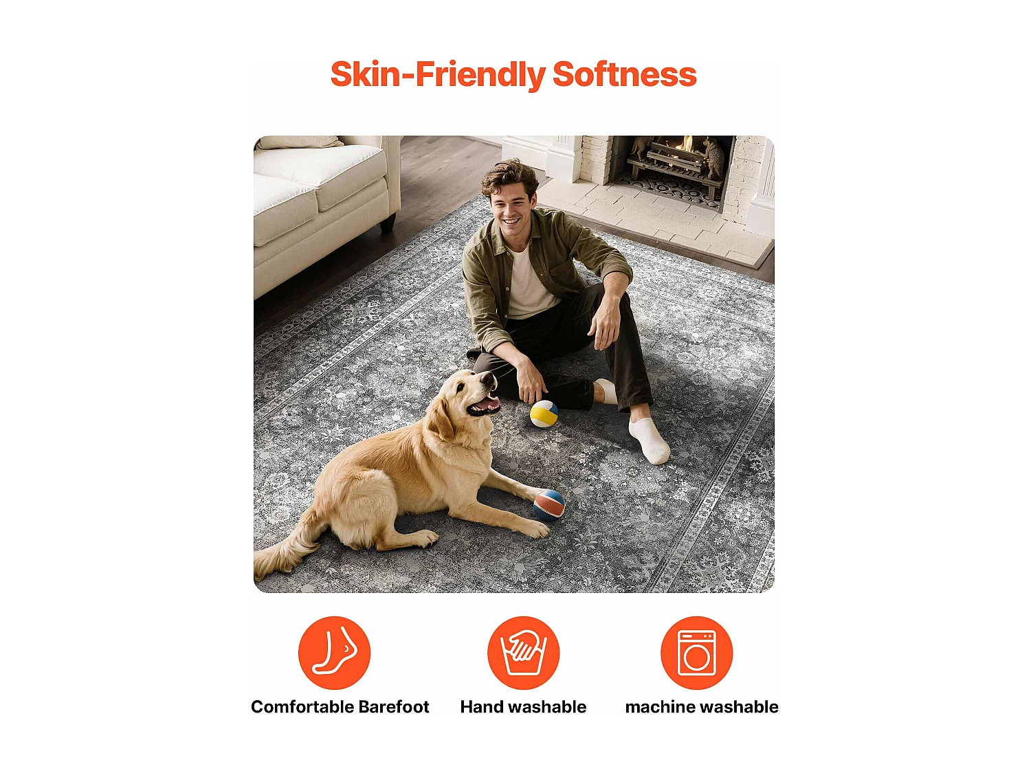 Tapis Salon SucceBuy, 2,4 x 3 m, Grand Tapis Chambre Lavable et Antidérapant, Doux Confortable, Style Vintage, pour Chambre, Bureau, Entrée, Gris