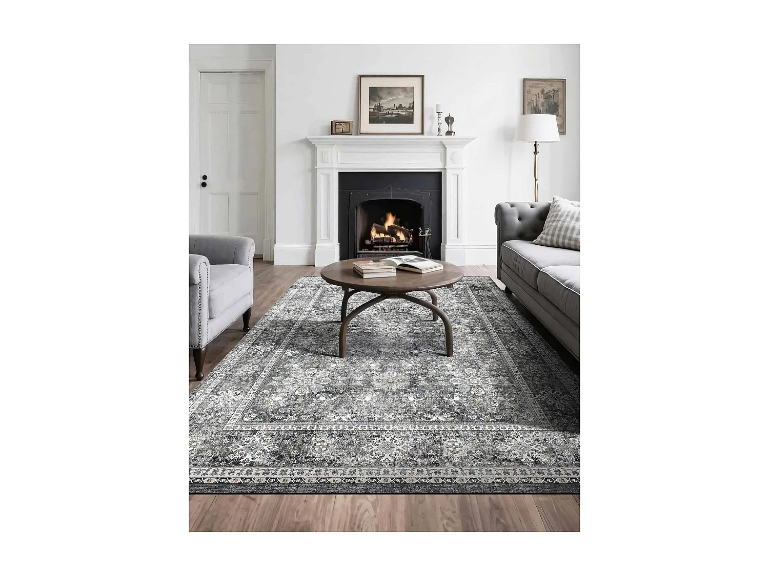 Tapis Salon SucceBuy, 2,4 x 3 m, Grand Tapis Chambre Lavable et Antidérapant, Doux Confortable, Style Vintage, pour Chambre, Bureau, Entrée, Gris