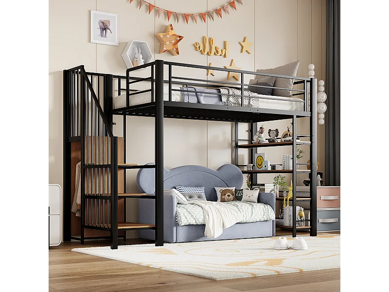 Cama alta de metal de 90x200 con escalera de almacenaje y armario negro para dormitorio infantil y juvenil