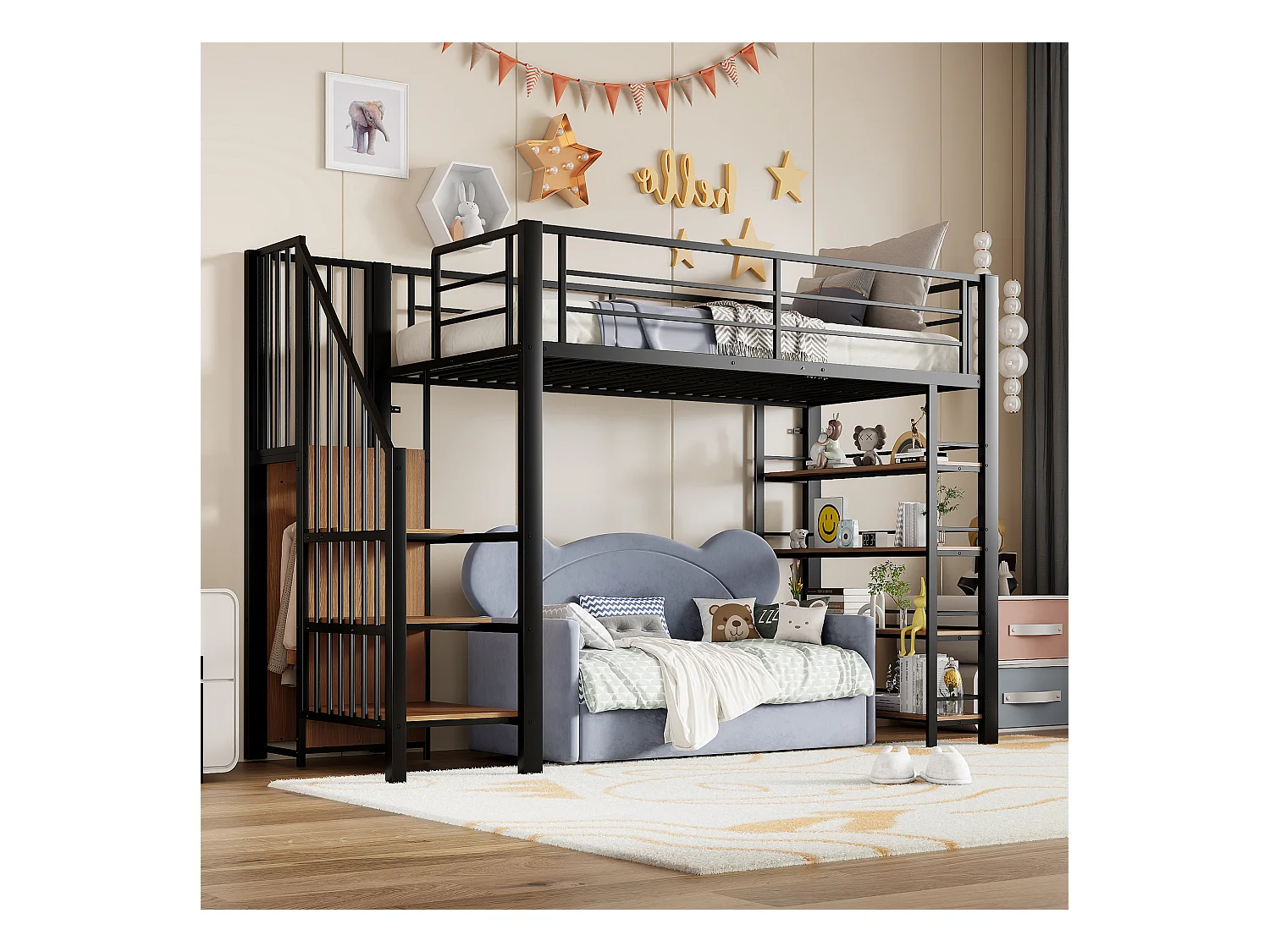Cama mezanino de metal 90x200 com escada de armazenamento e guarda-roupa preto para quarto de criança e adolescente