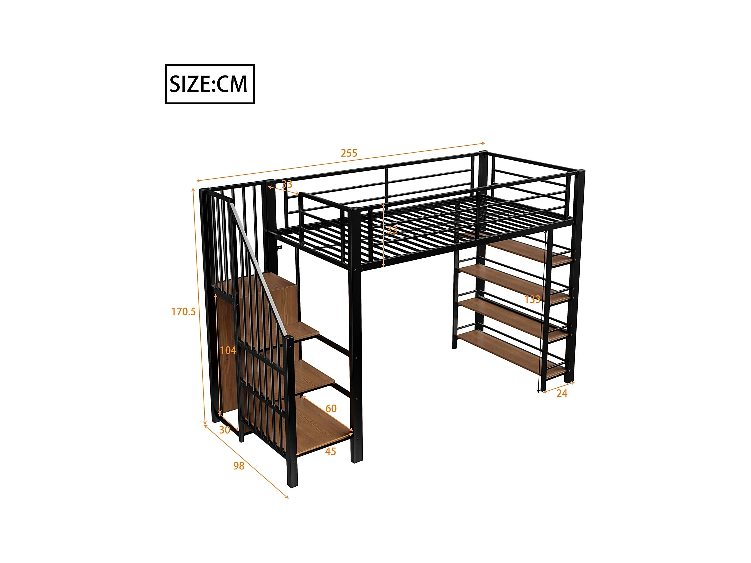 Cama mezanino de metal 90x200 com escada de armazenamento e guarda-roupa preto para quarto de criança e adolescente