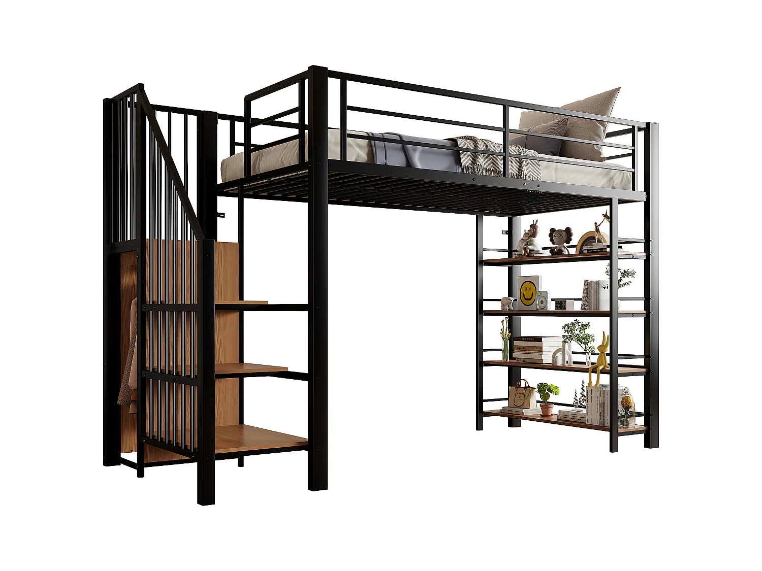 Cama mezanino de metal 90x200 com escada de armazenamento e guarda-roupa preto para quarto de criança e adolescente