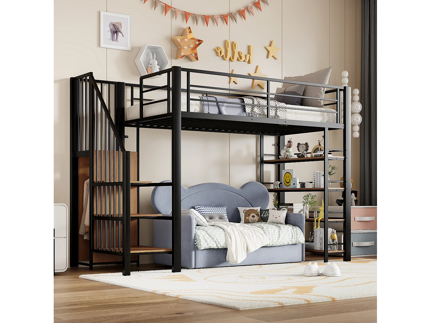 Cama mezanino de metal 90x200 com escada de armazenamento e guarda-roupa preto para quarto de criança e adolescente