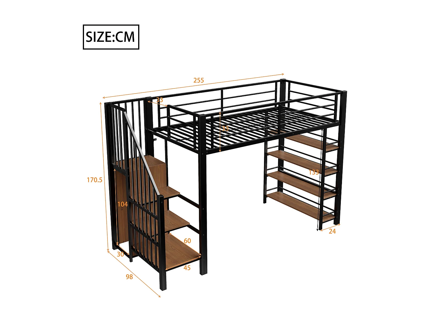 Cama mezanino de metal 90x200 com escada de armazenamento e guarda-roupa preto para quarto de criança e adolescente