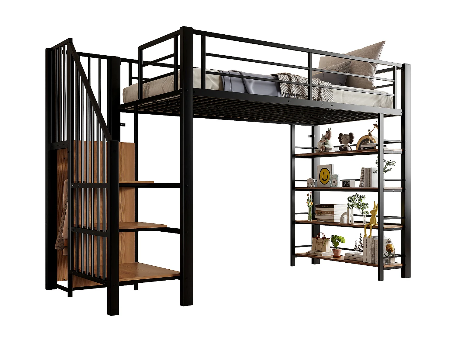 Cama mezanino de metal 90x200 com escada de armazenamento e guarda-roupa preto para quarto de criança e adolescente