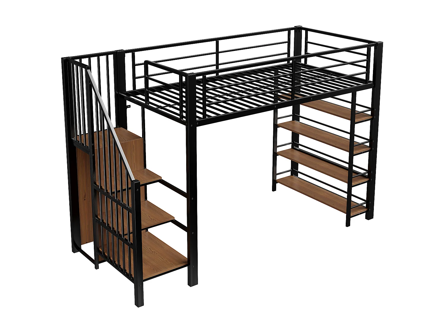 Cama mezanino de metal 90x200 com escada de armazenamento e guarda-roupa preto para quarto de criança e adolescente