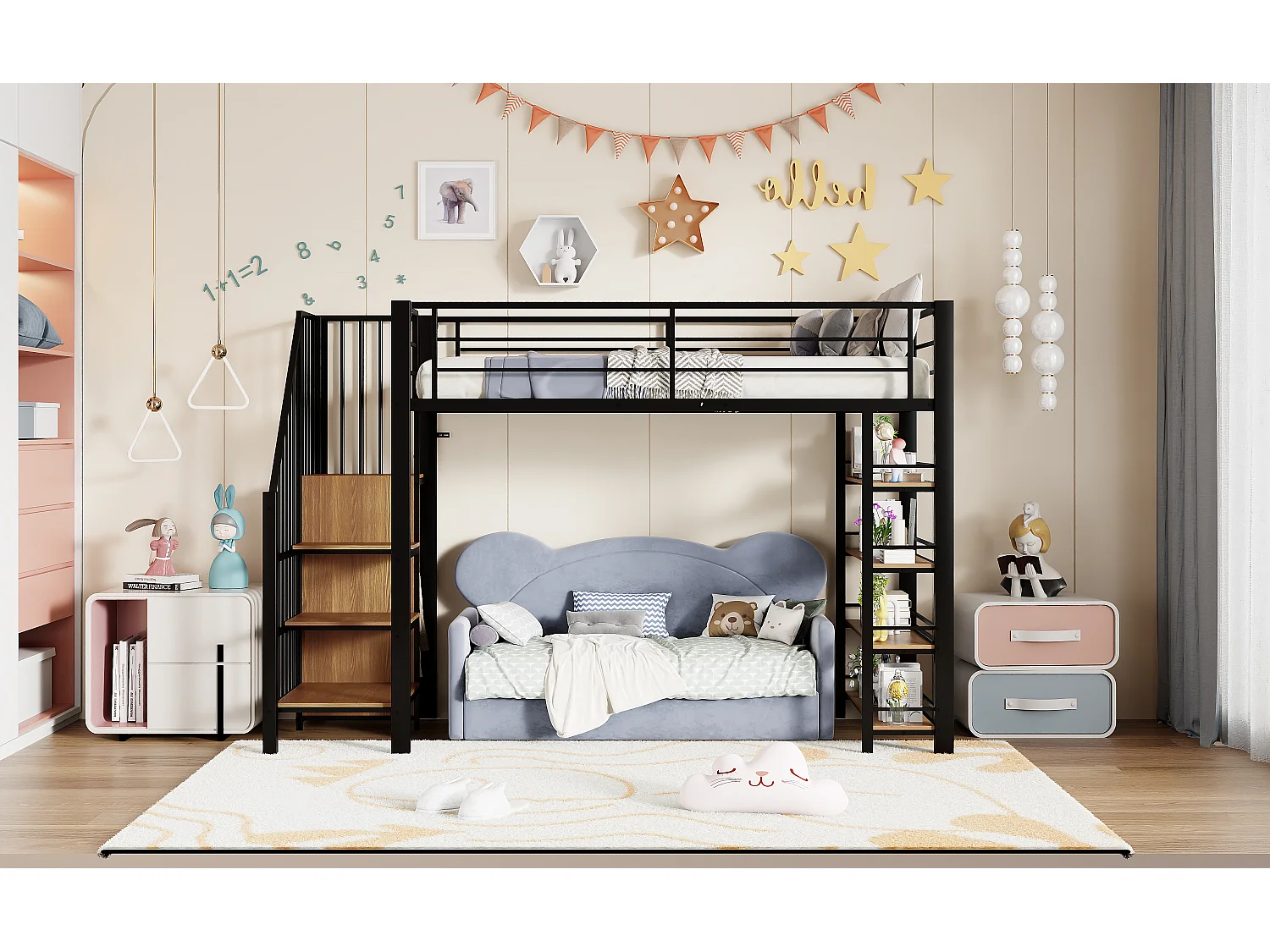 Cama mezanino de metal 90x200 com escada de armazenamento e guarda-roupa preto para quarto de criança e adolescente