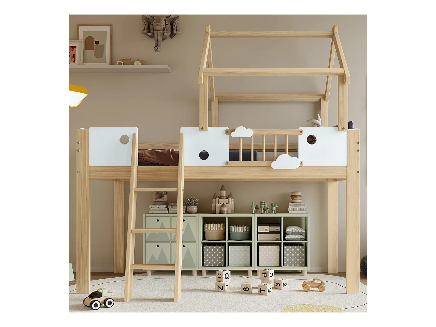 Cama alta infantil 90x200cm madera maciza con techo y barandilla blanco/natural