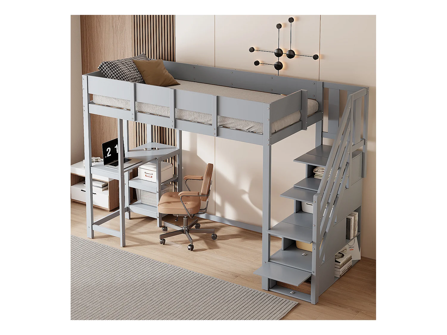 Soppalco illuminato 90x200 cm bois massif con rangement et étagères pour enfants gris