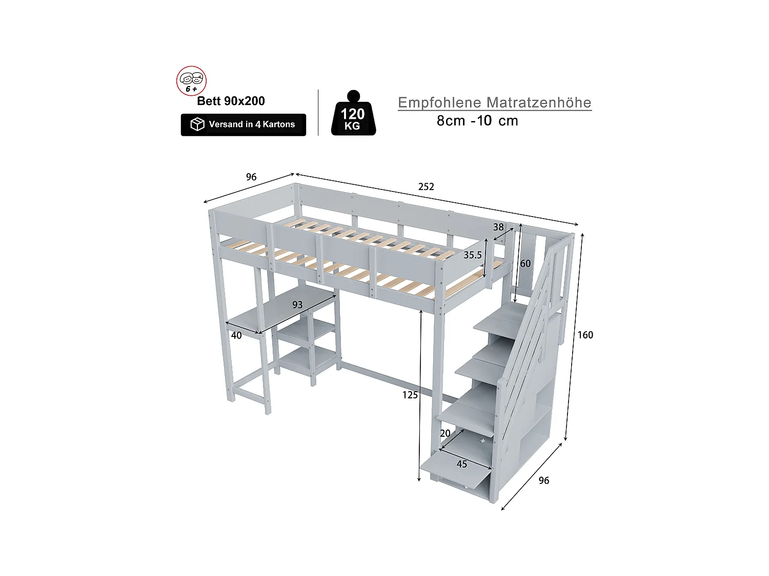 Soppalco illuminato 90x200 cm bois massif con rangement et étagères pour enfants gris