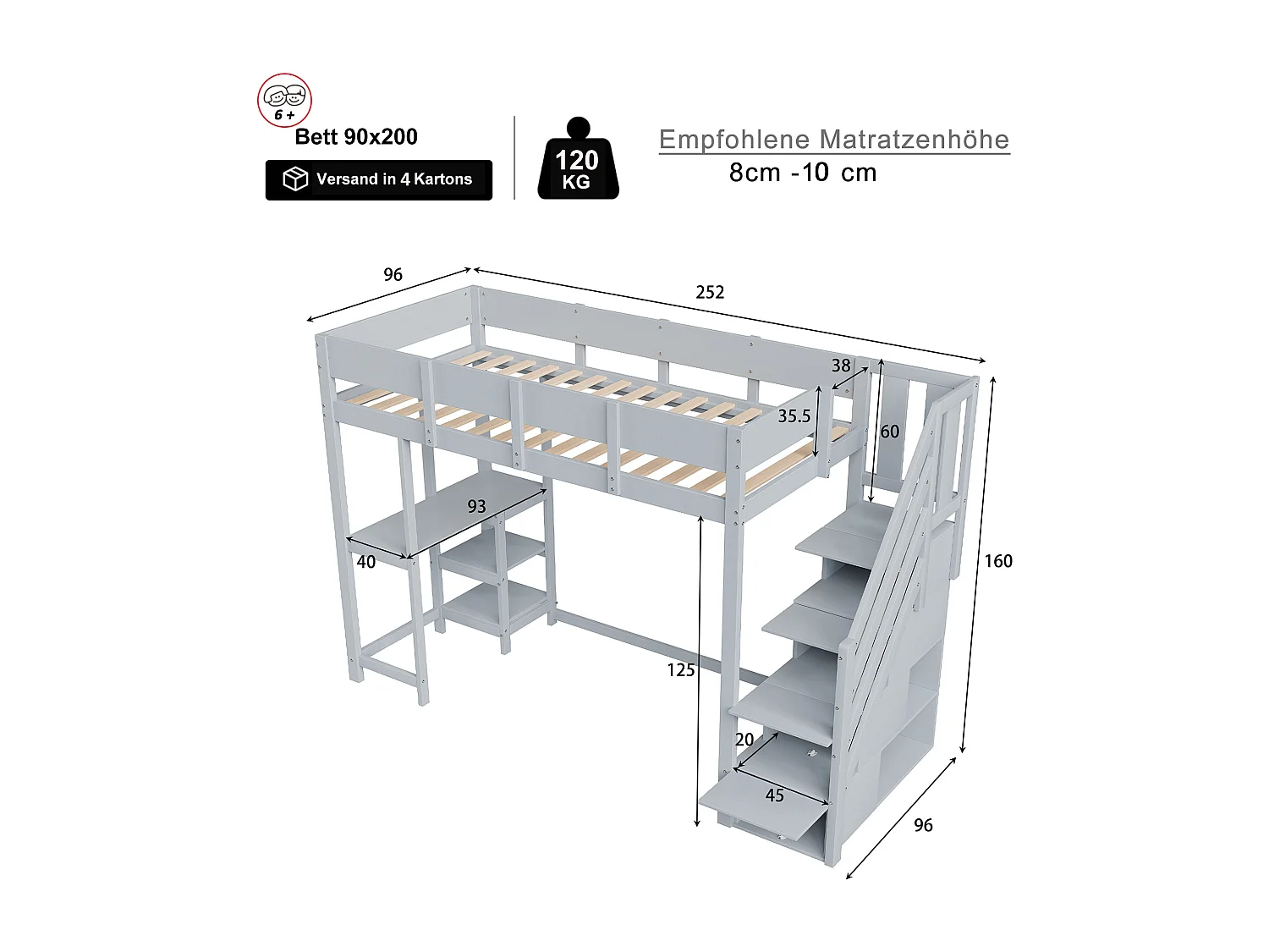 Soppalco illuminato 90x200 cm bois massif con rangement et étagères pour enfants gris