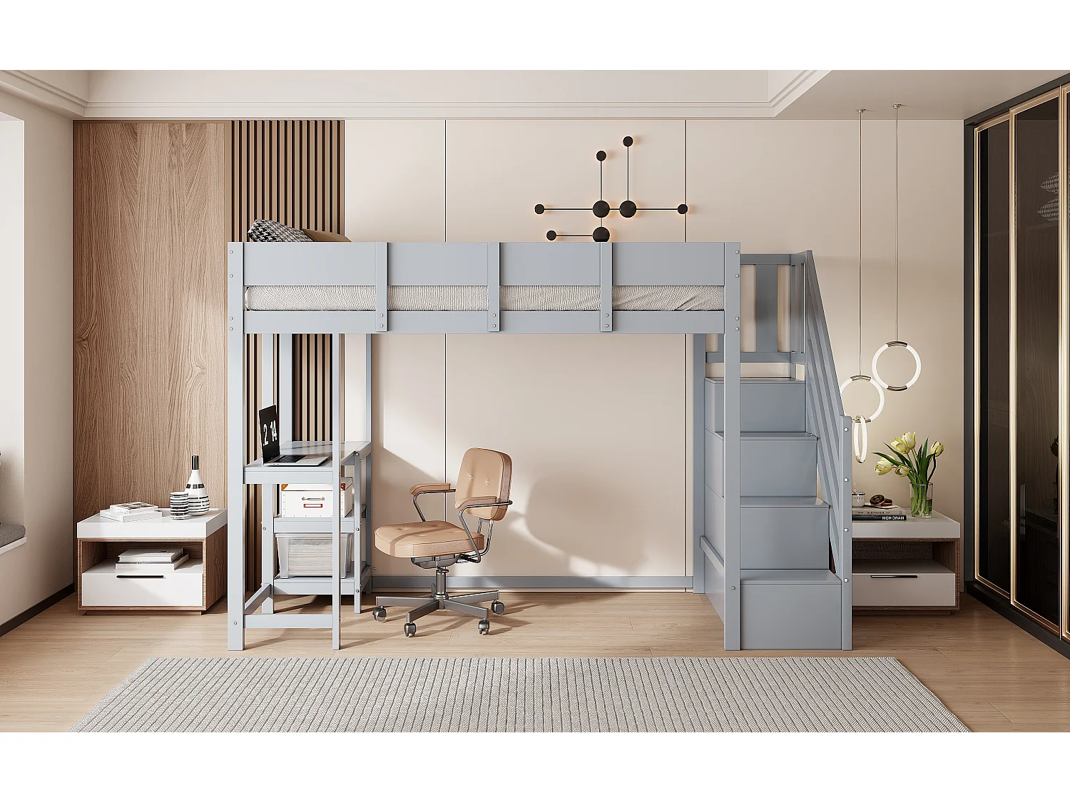 Soppalco illuminato 90x200 cm bois massif con rangement et étagères pour enfants gris