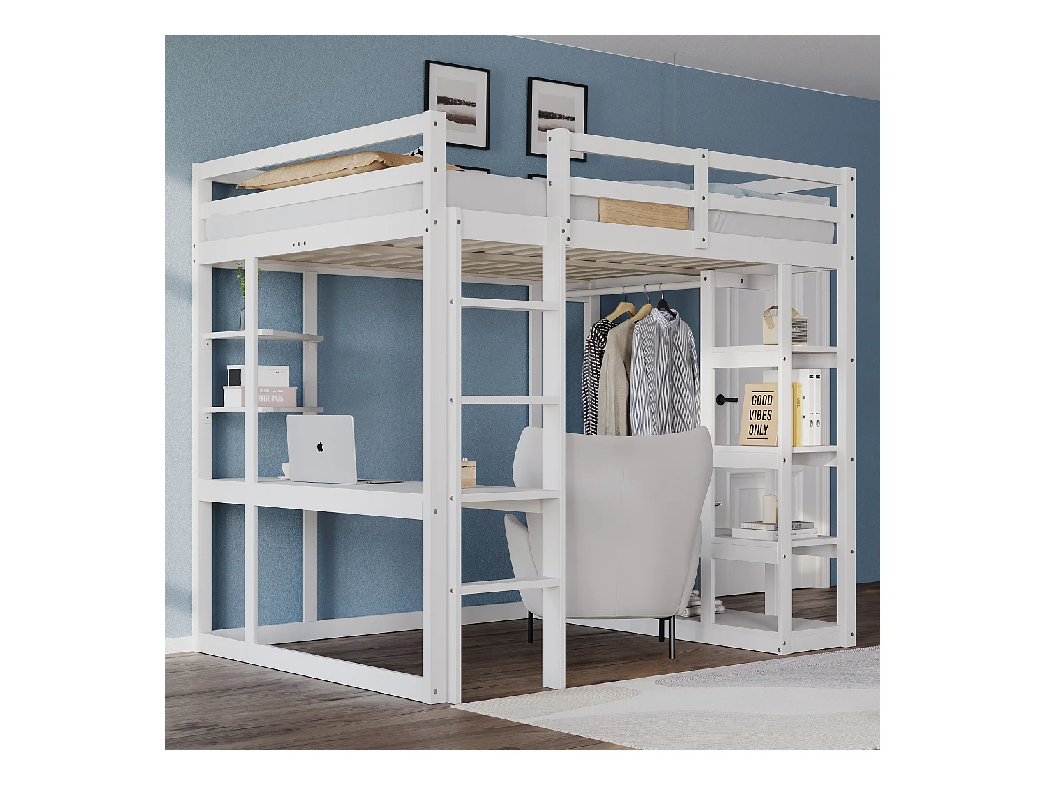 Cama mezanino de madeira maciça de 140x200 cm com escrivaninha, prateleiras e cabideiro branco