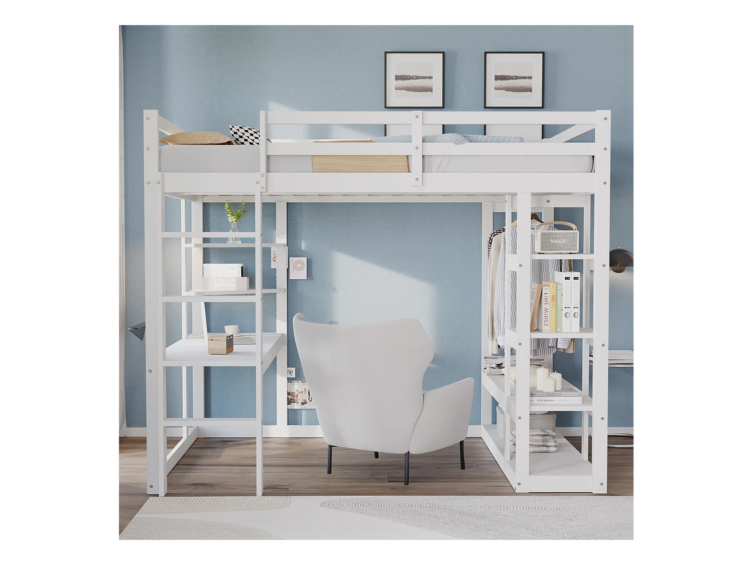 Cama mezanino de madeira maciça de 140x200 cm com escrivaninha, prateleiras e cabideiro branco