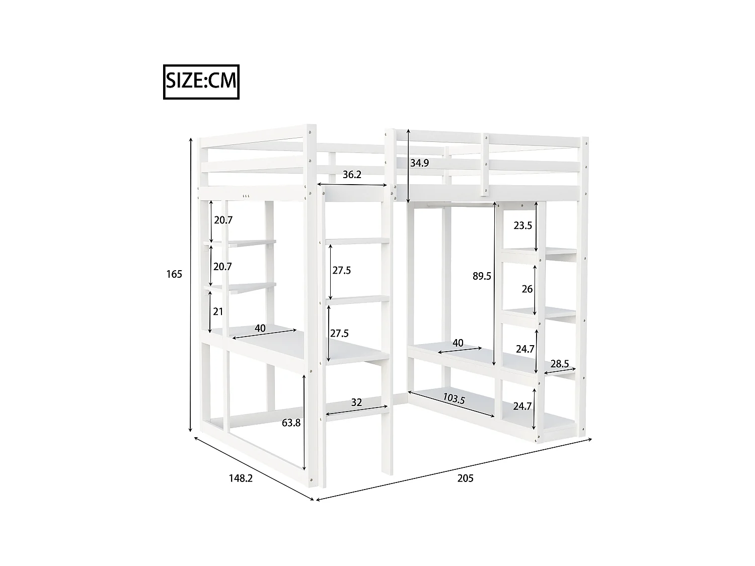 Cama mezanino de madeira maciça de 140x200 cm com escrivaninha, prateleiras e cabideiro branco