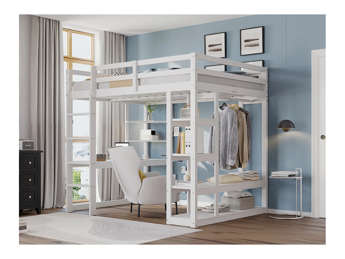 Cama mezanino de madeira maciça de 140x200 cm com escrivaninha, prateleiras e cabideiro branco