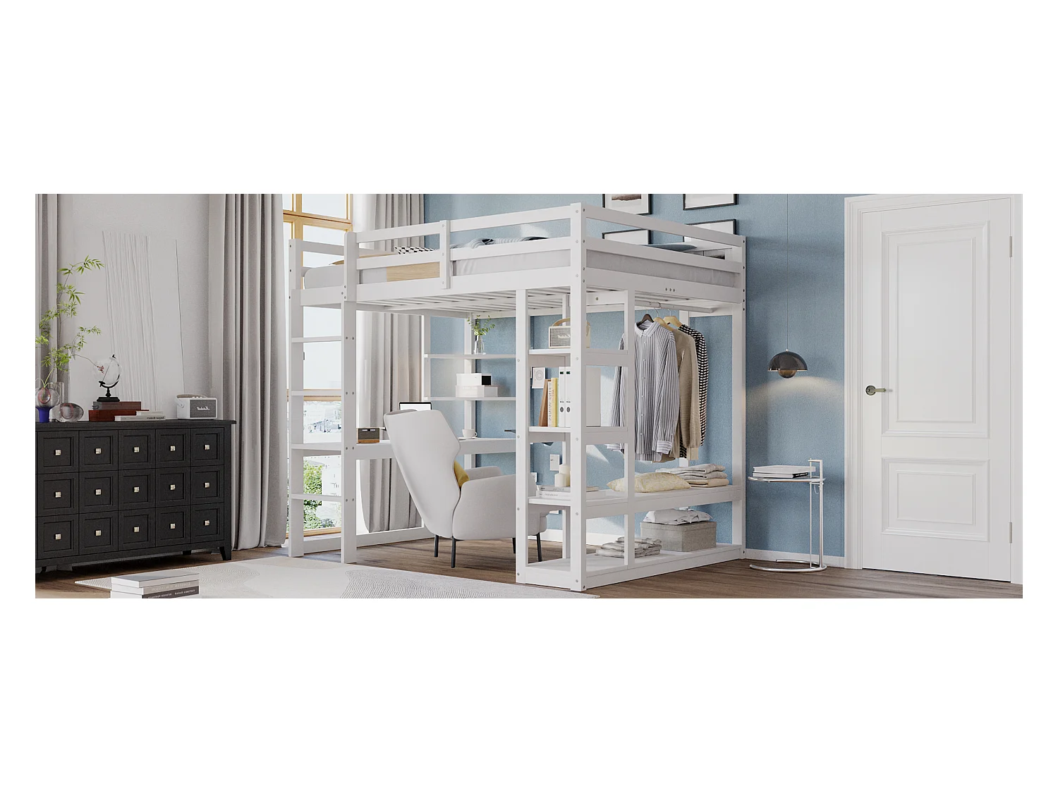 Cama mezanino de madeira maciça de 140x200 cm com escrivaninha, prateleiras e cabideiro branco