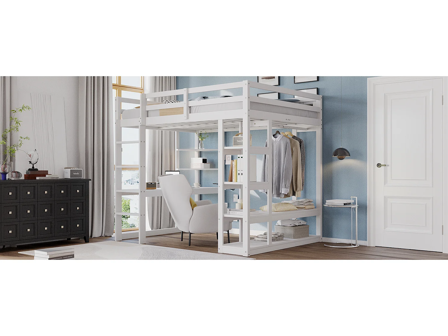 Cama mezanino de madeira maciça de 140x200 cm com escrivaninha, prateleiras e cabideiro branco