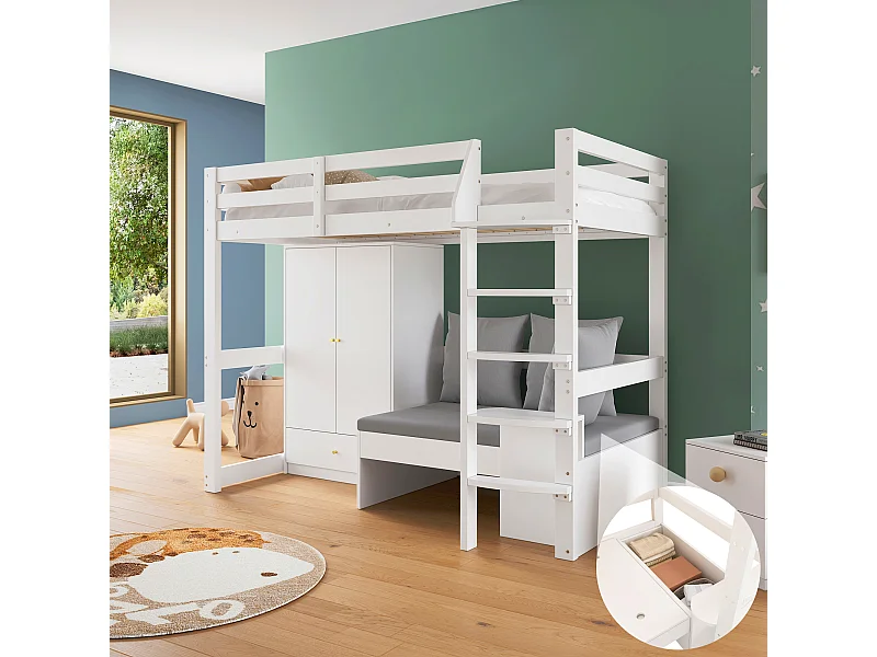 Cama alta infantil 90x200 cm em madeira maciça com guarda-roupa, sofá e arrumação, branca, sem colchão