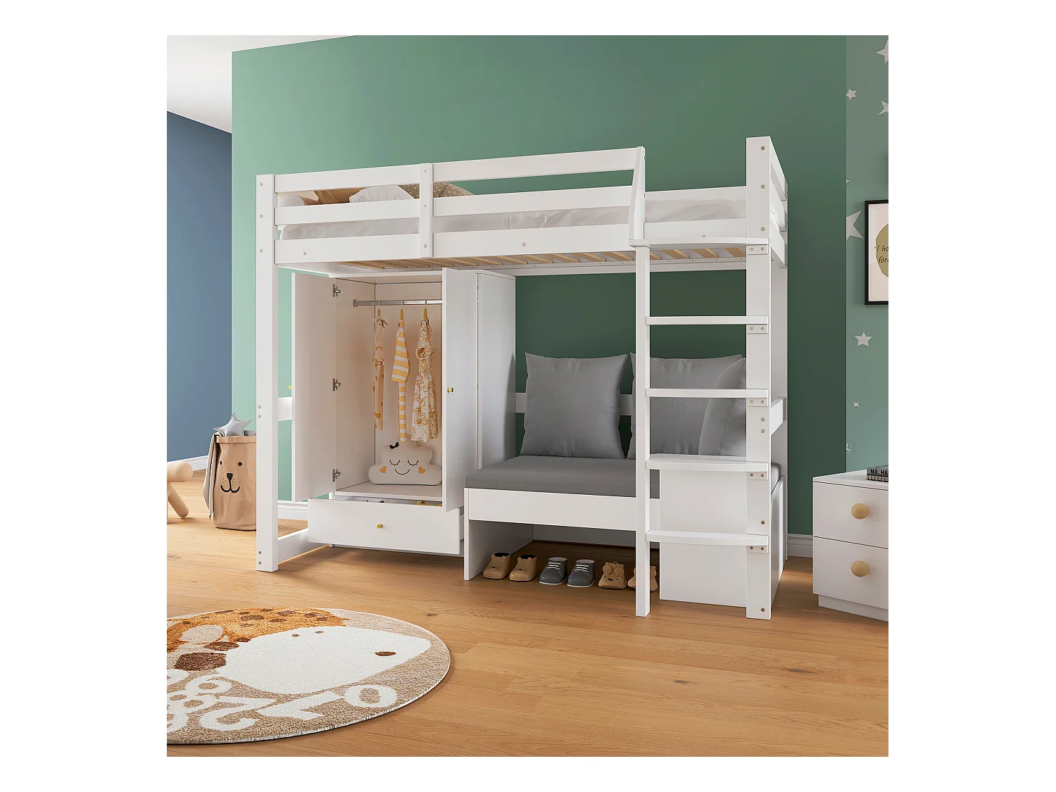 Cama alta infantil 90x200 cm em madeira maciça com guarda-roupa, sofá e arrumação, branca, sem colchão