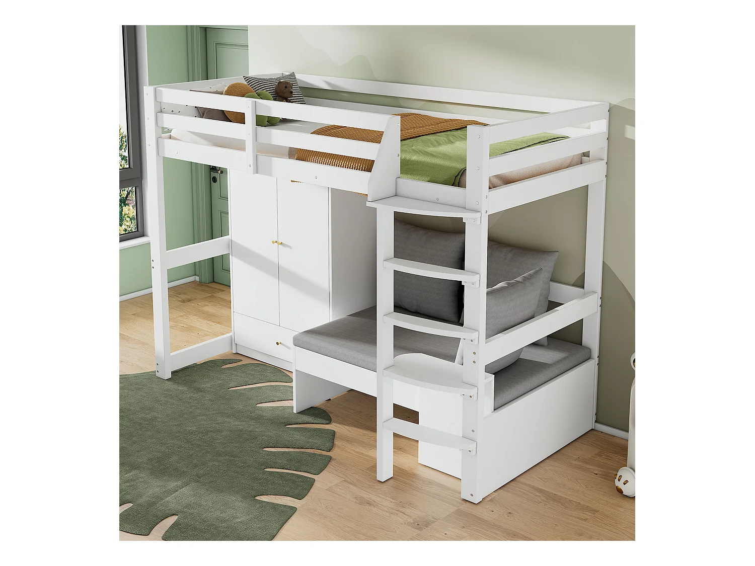 Cama alta infantil 90x200 cm em madeira maciça com guarda-roupa, sofá e arrumação, branca, sem colchão