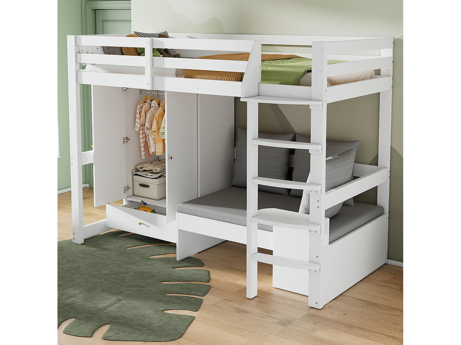 Cama alta infantil 90x200 cm em madeira maciça com guarda-roupa, sofá e arrumação, branca, sem colchão