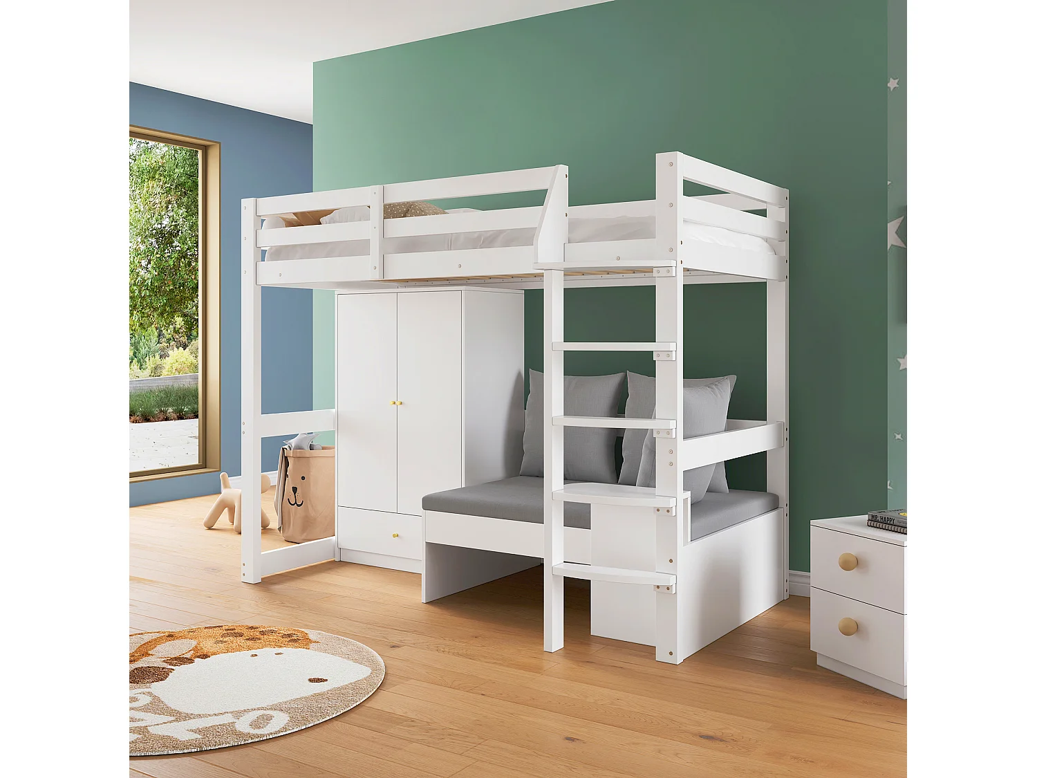 Cama alta infantil 90x200 cm em madeira maciça com guarda-roupa, sofá e arrumação, branca, sem colchão