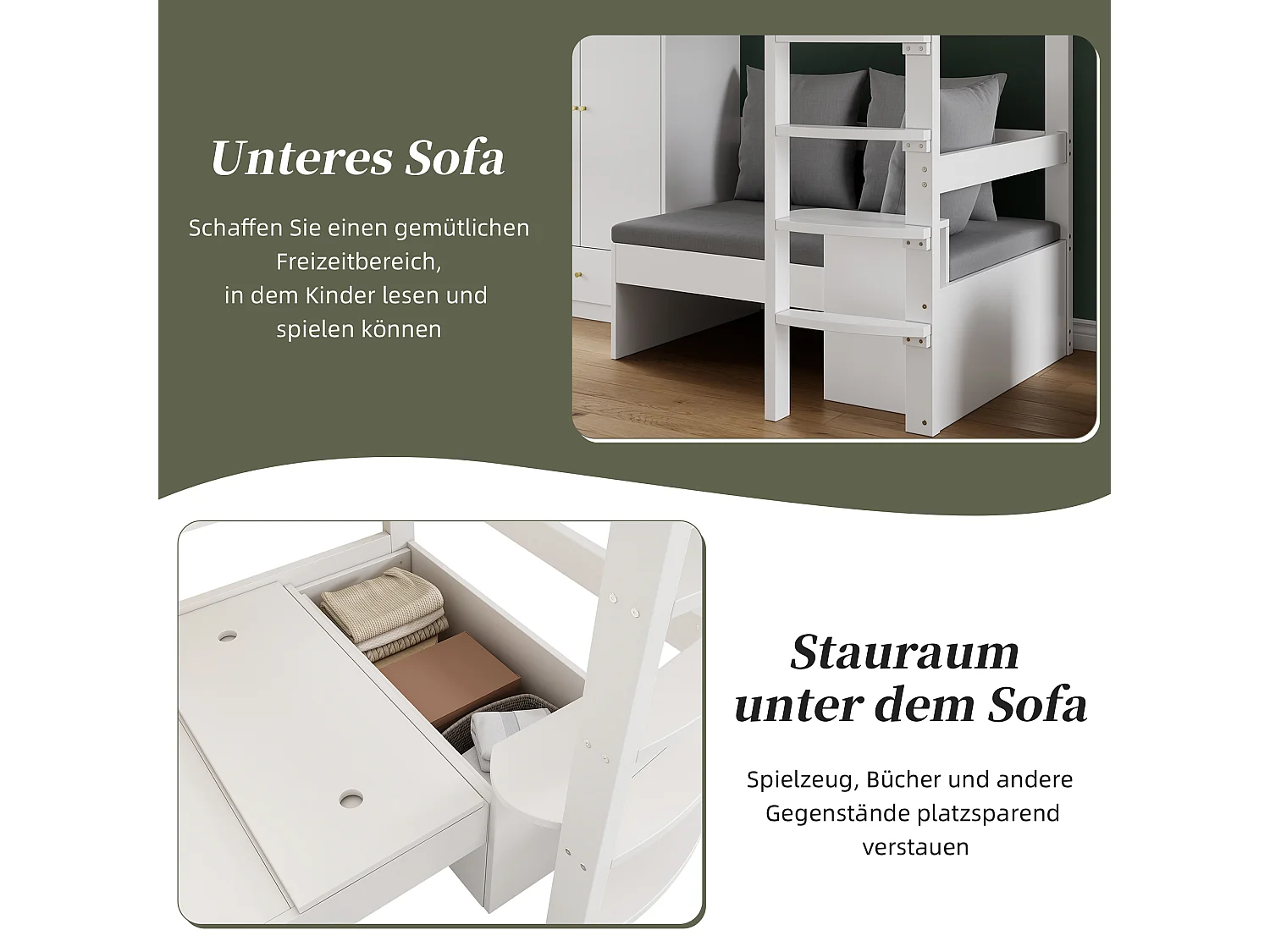 Cama alta infantil 90x200 cm em madeira maciça com guarda-roupa, sofá e arrumação, branca, sem colchão