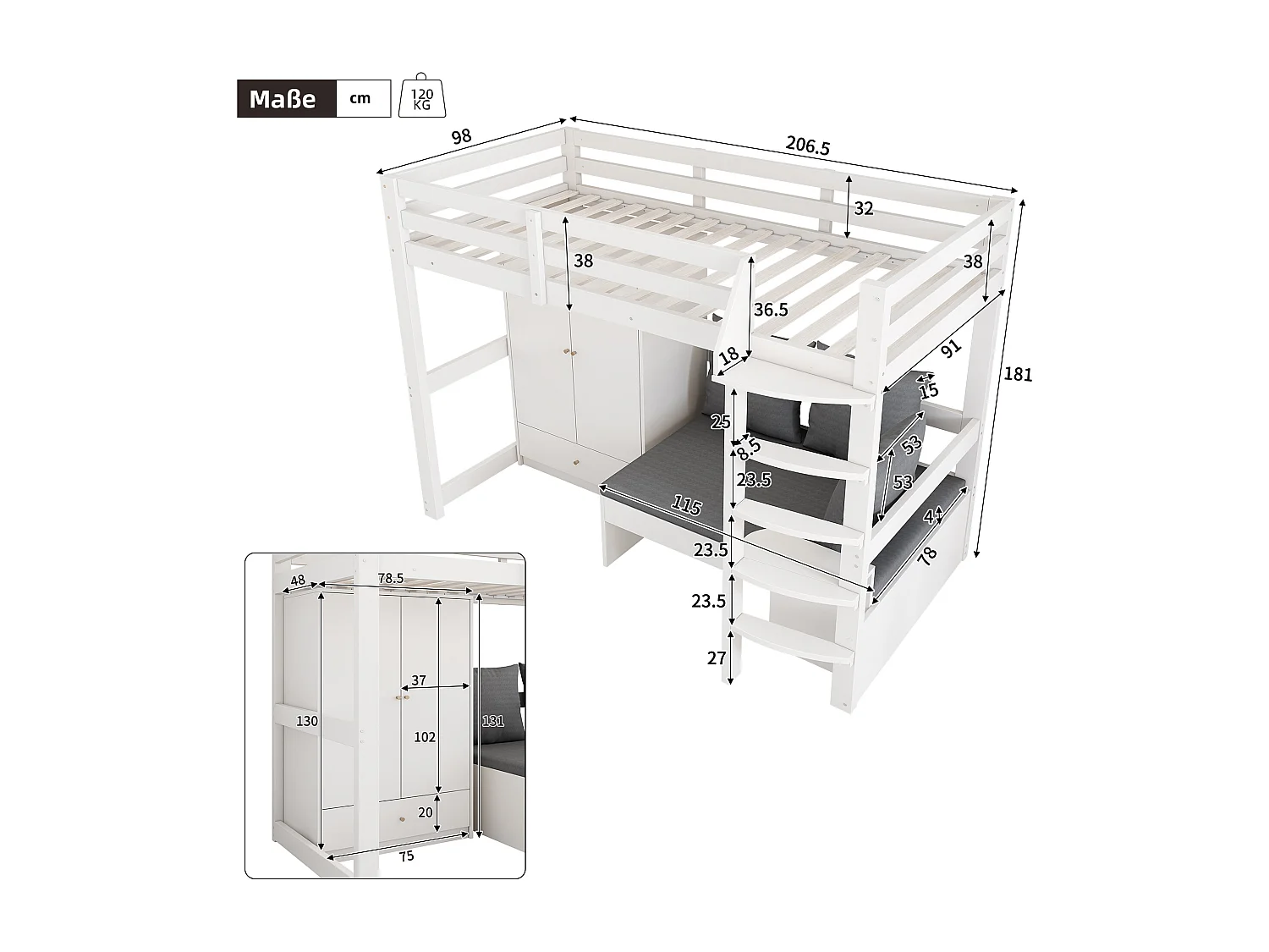 Lit mezzanine enfant 90x200 cm en bois massif avec armoire, canapé et rangement, blanc, sans matelas