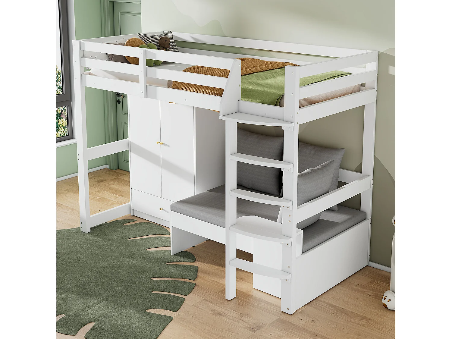 Lit mezzanine enfant 90x200 cm en bois massif avec armoire, canapé et rangement, blanc, sans matelas