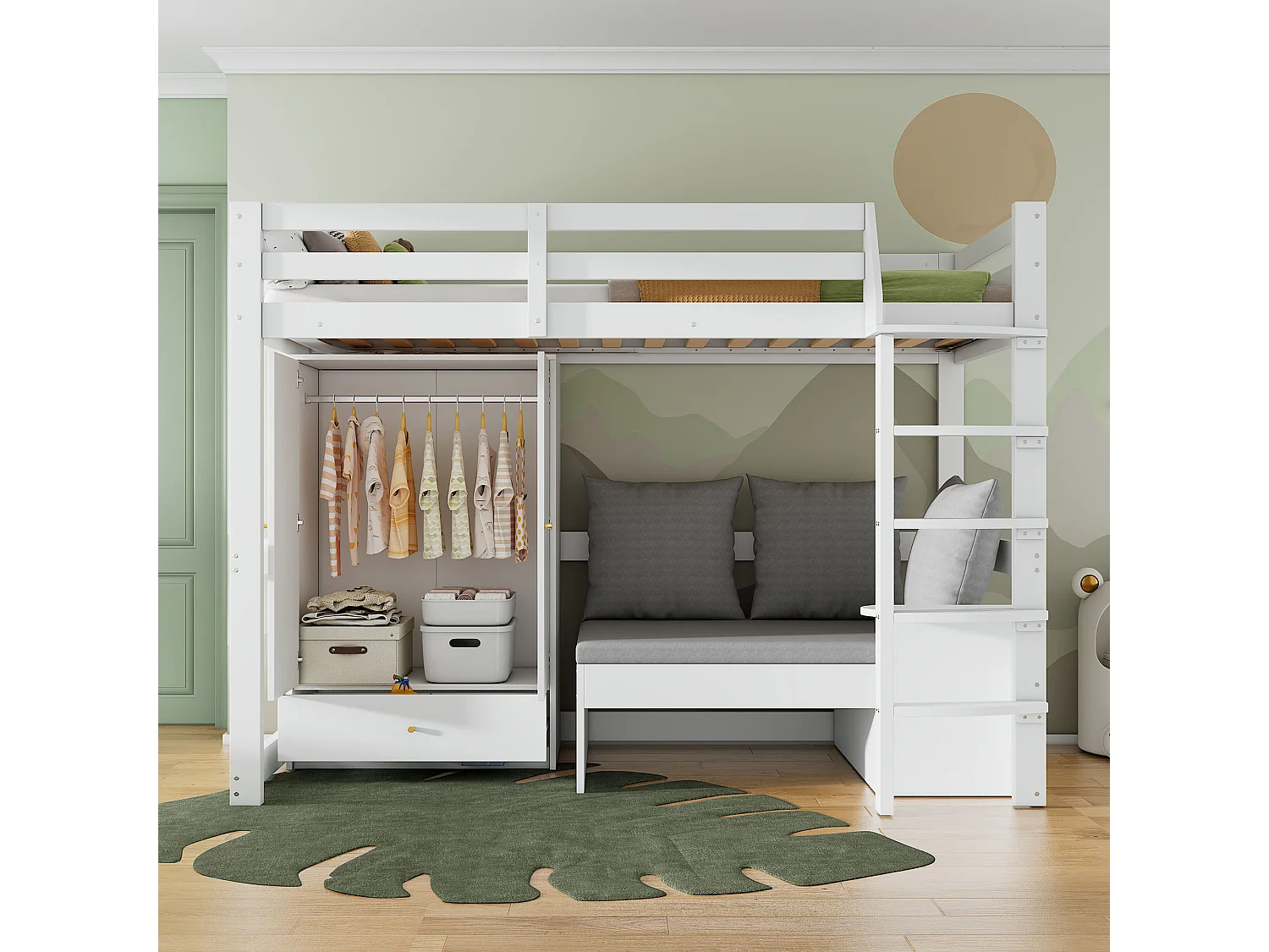 Lit mezzanine enfant 90x200 cm en bois massif avec armoire, canapé et rangement, blanc, sans matelas