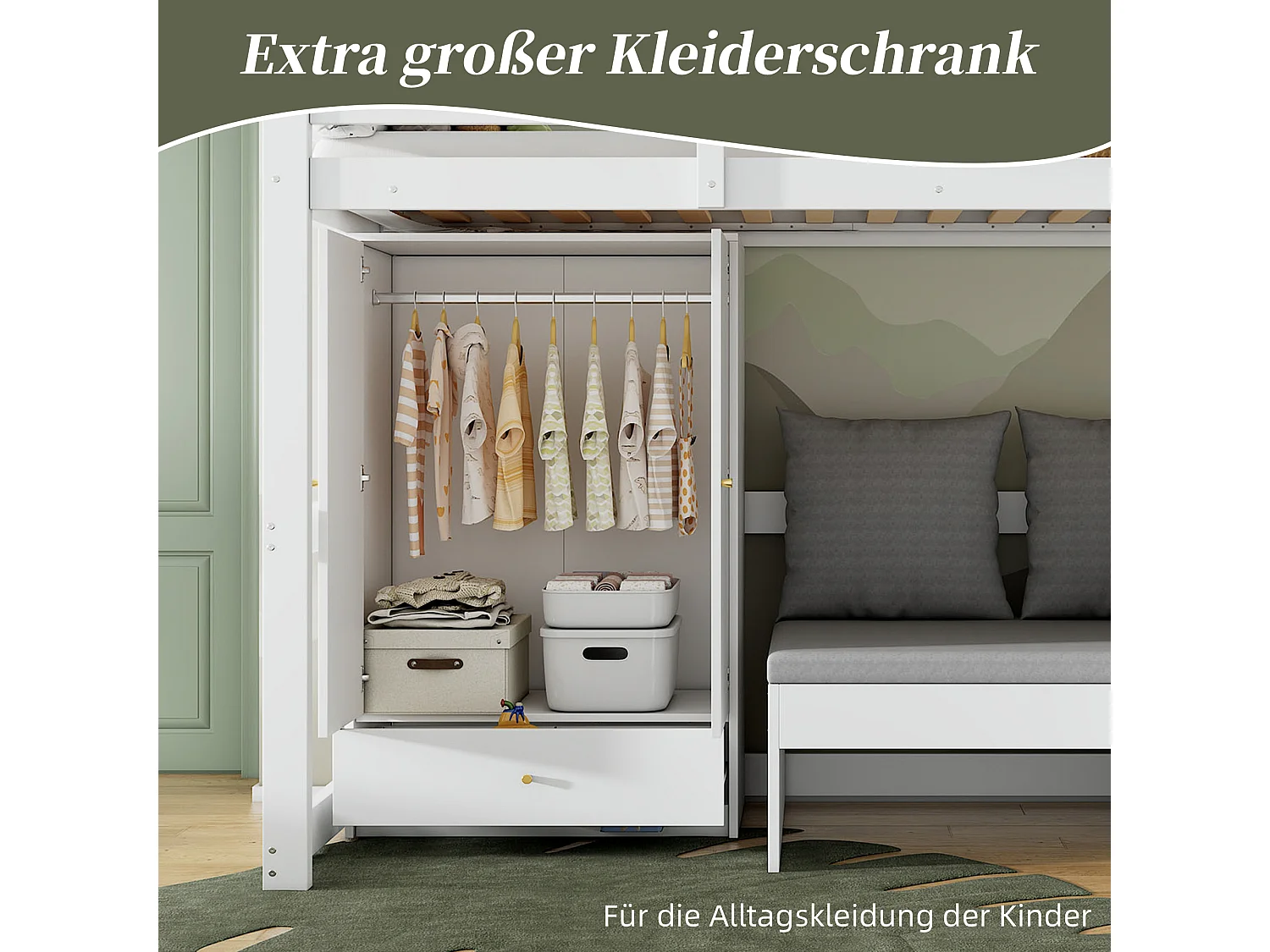 Lit mezzanine enfant 90x200 cm en bois massif avec armoire, canapé et rangement, blanc, sans matelas