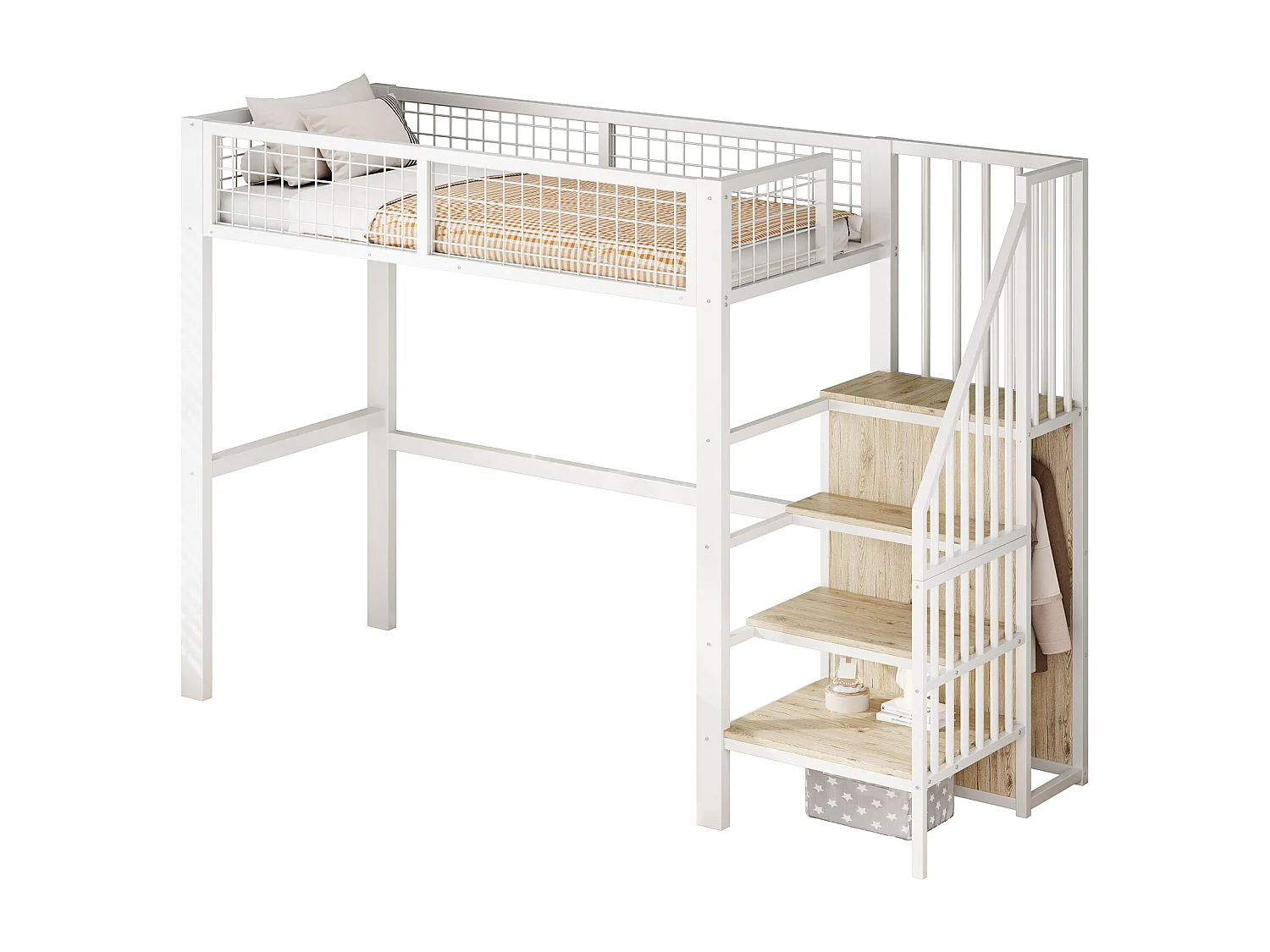 Soppalco illuminato 90x200 cm in metallo con échelle e pensile bianco per camera da letto per bambini o adolescenti