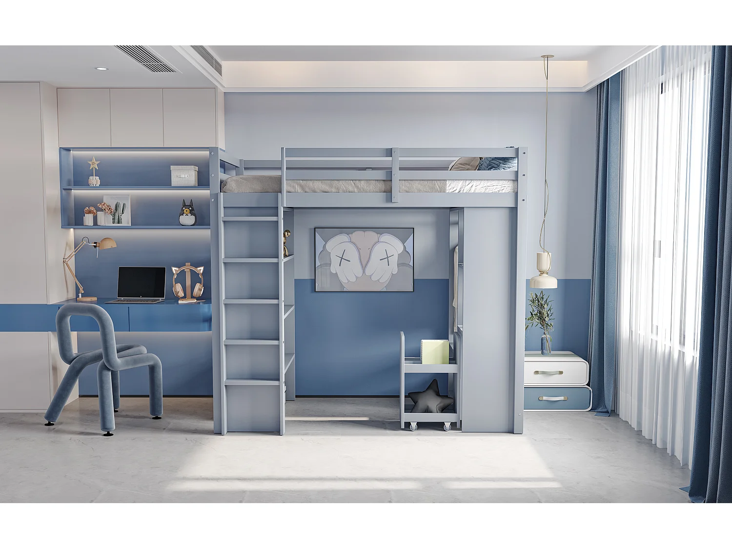 Soppalco illuminato 90x200 cm bois massif avec étagères organisateur tiroir gris