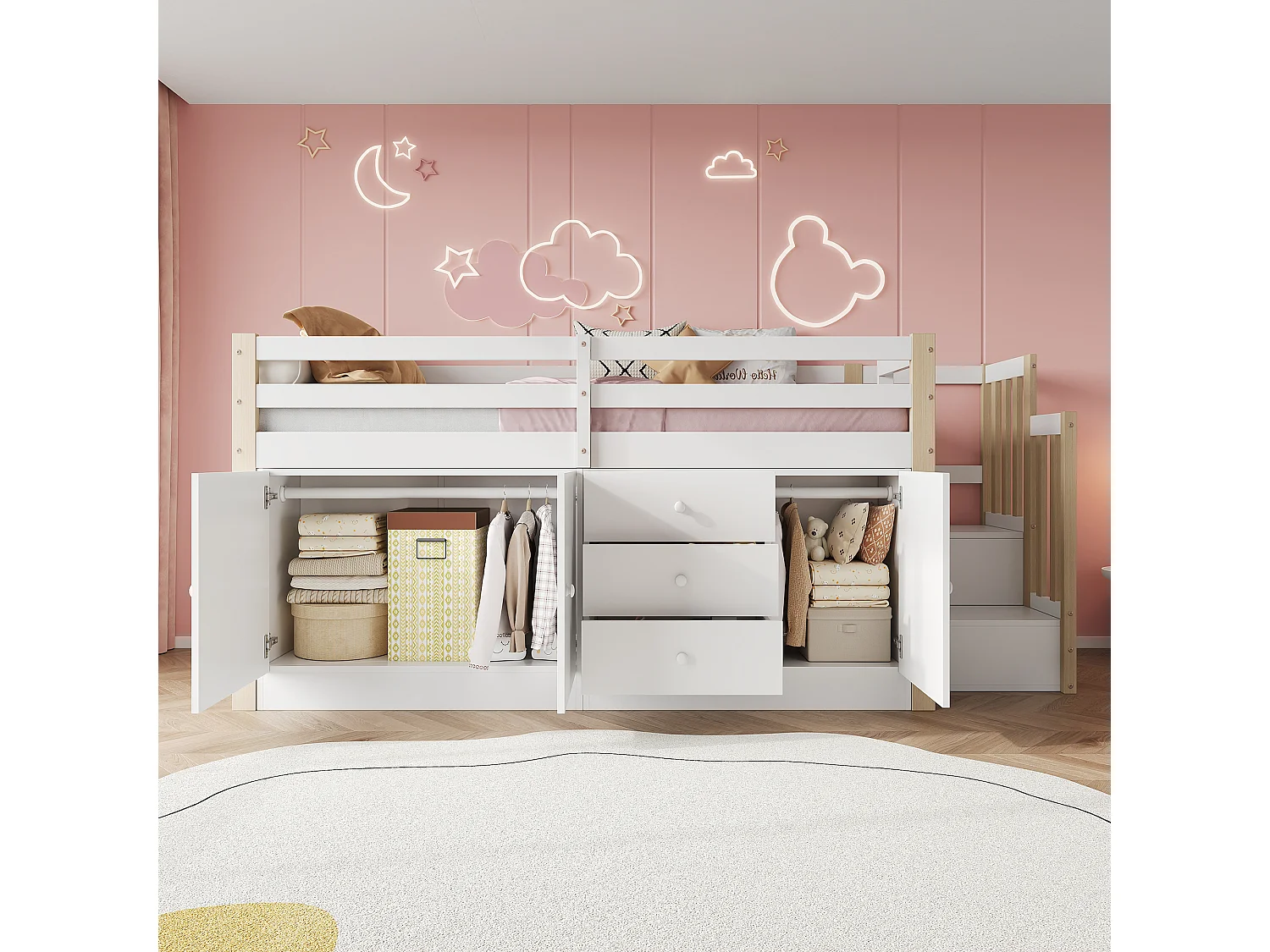 Soppalco illuminato 90x200 enfant avec tiroirs, rangements, escalier et tringle blanc MDF + bois
