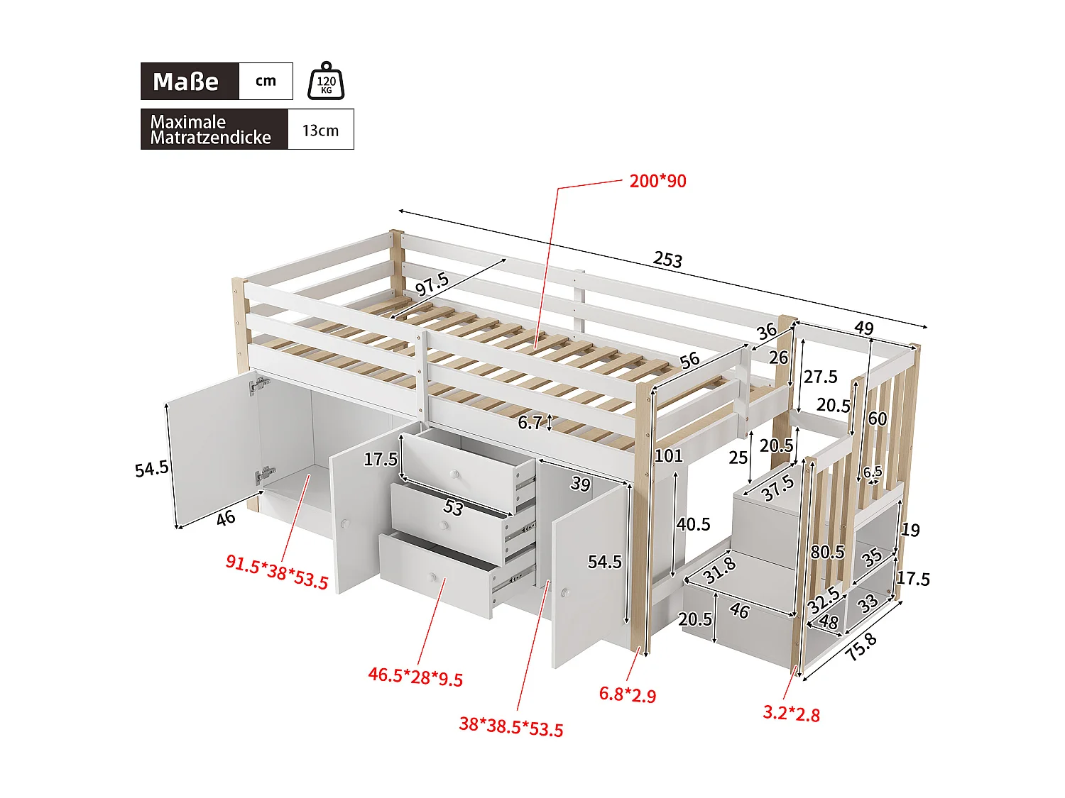 Soppalco illuminato 90x200 enfant avec tiroirs, rangements, escalier et tringle blanc MDF + bois