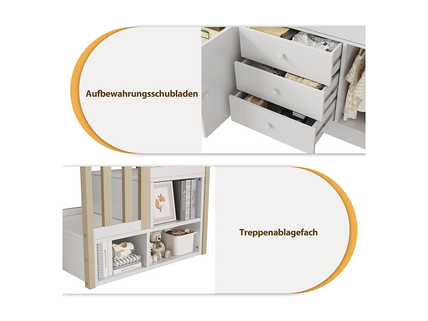 Soppalco illuminato 90x200 enfant avec tiroirs, rangements, escalier et tringle blanc MDF + bois