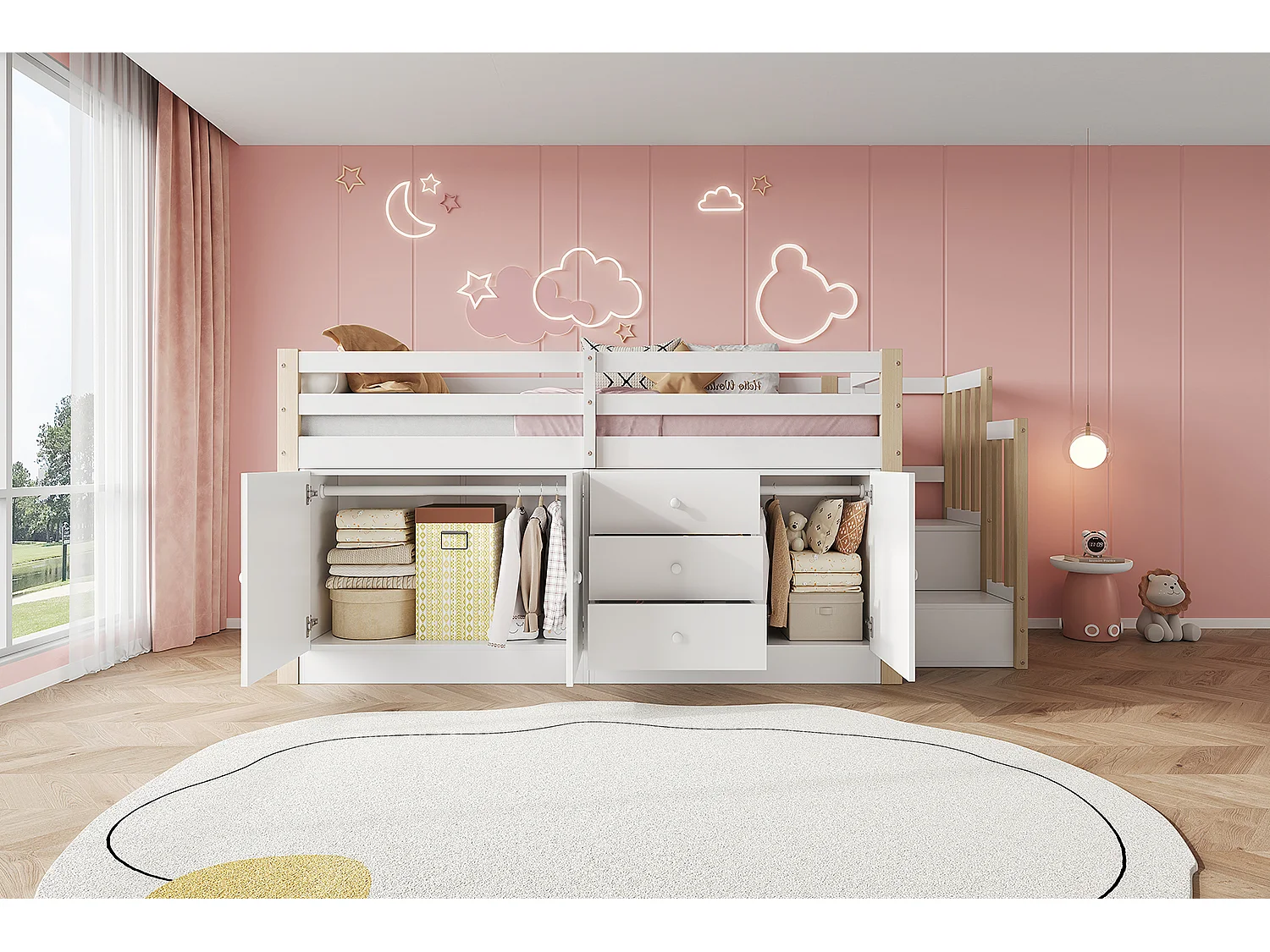 Soppalco illuminato 90x200 enfant avec tiroirs, rangements, escalier et tringle blanc MDF + bois