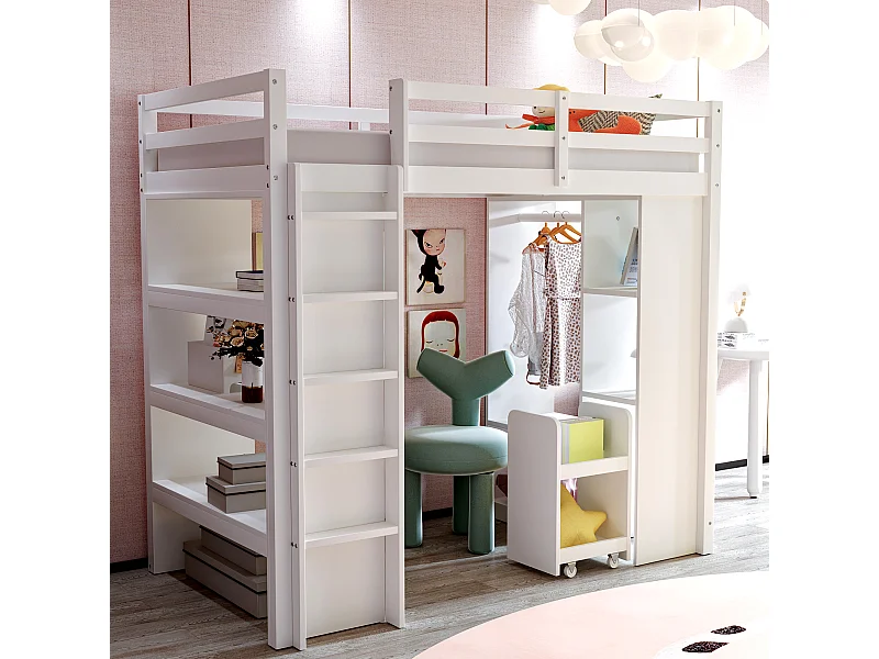 Cama entreplanta de madera maciza de 90 x 200 cm con estantes organizadores de cajones blancos