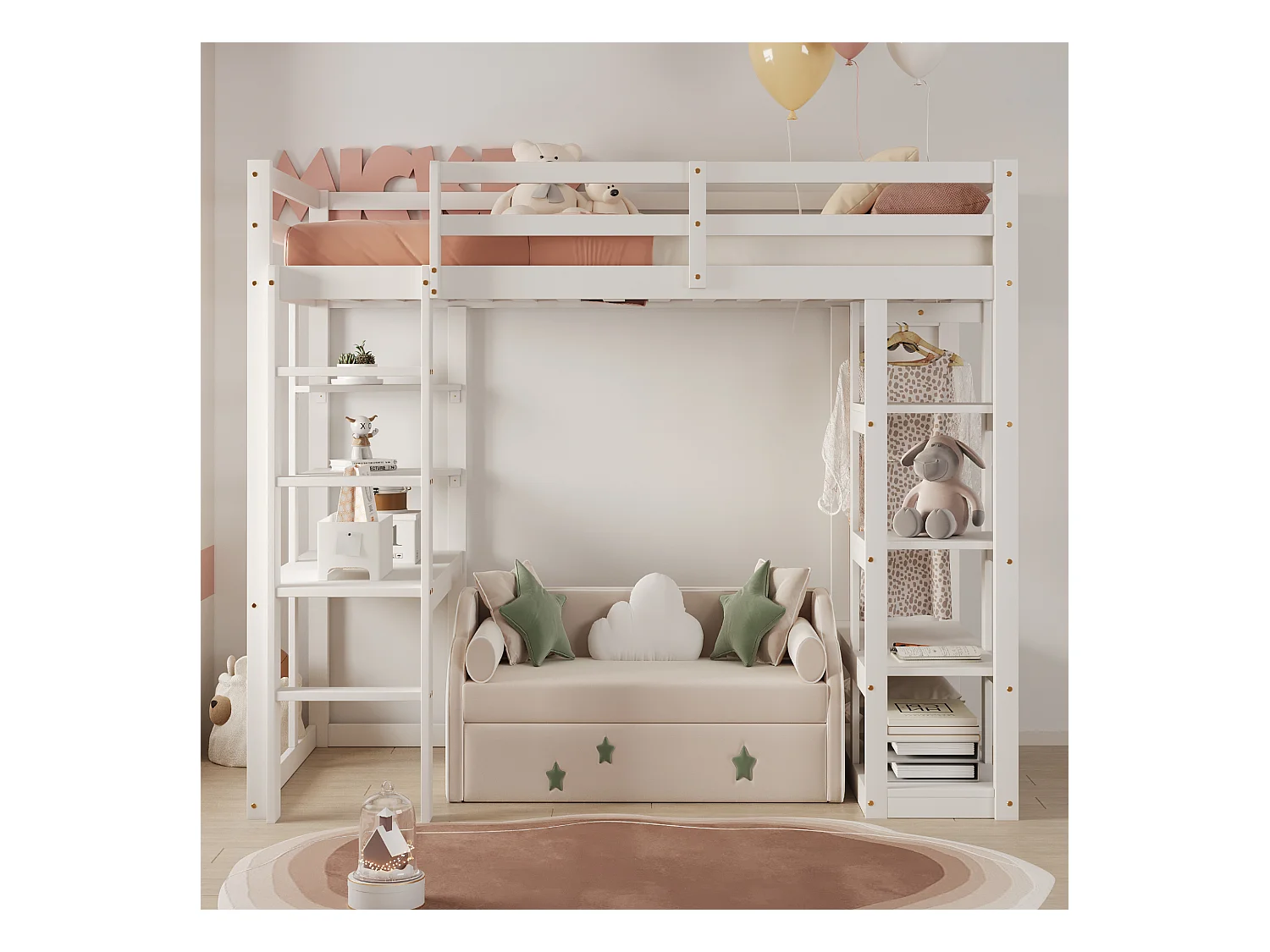 Cama mezanino de madeira maciça 90x200cm com escrivaninha, prateleiras, cabideiro, branco