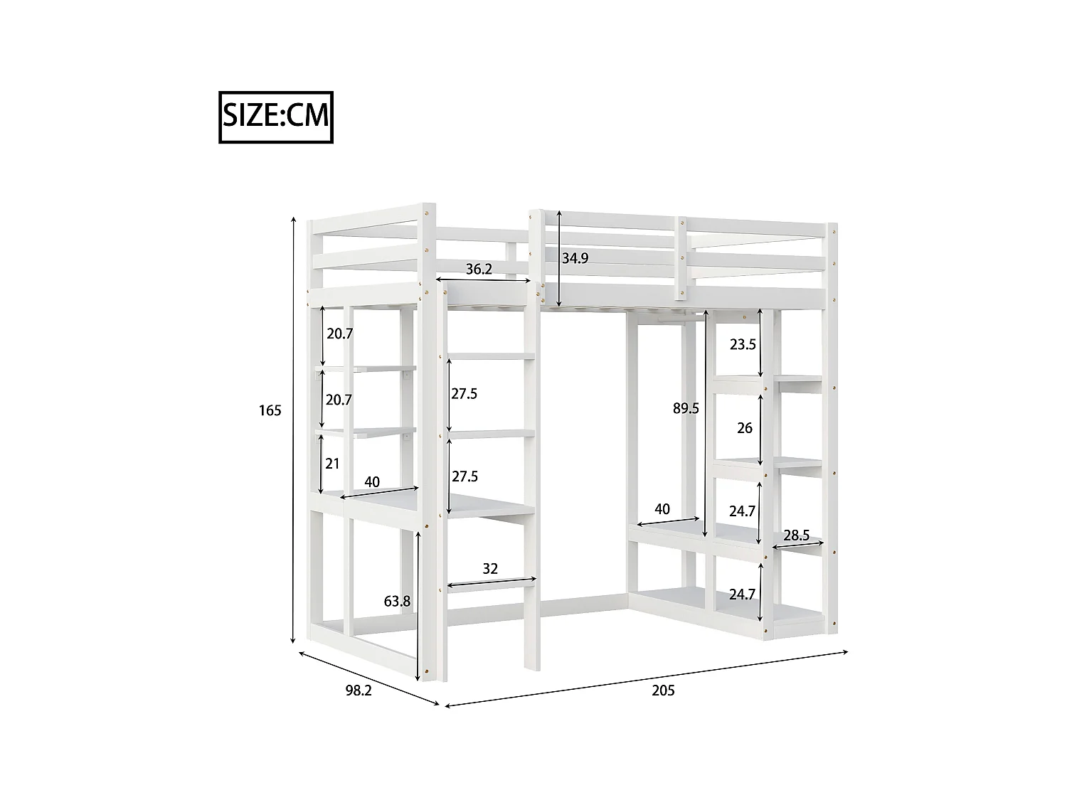Cama mezanino de madeira maciça 90x200cm com escrivaninha, prateleiras, cabideiro, branco