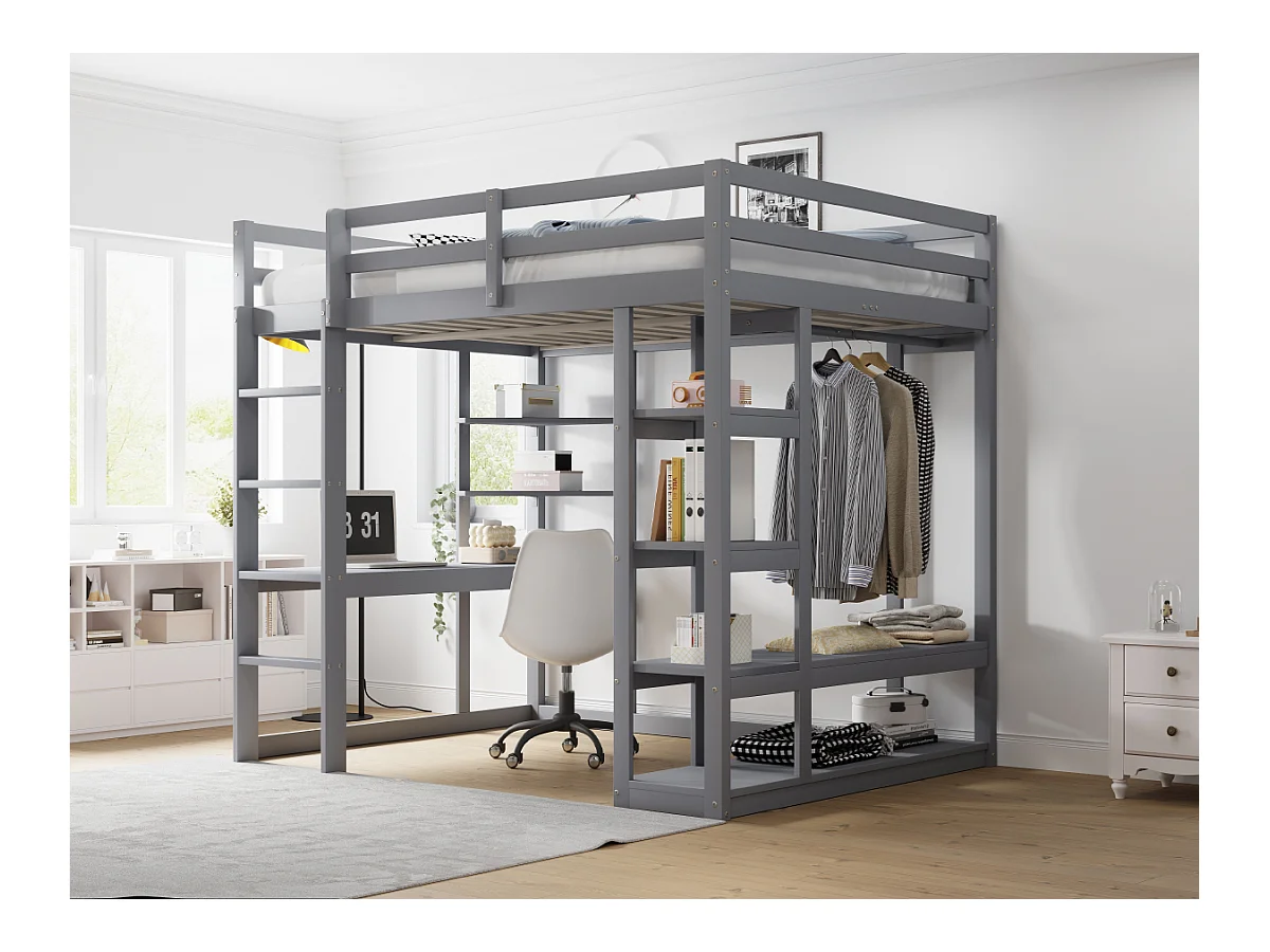 Soppalco illuminato 140x200 cm bois massif con scrittoi étagères e porte-vêtements gris