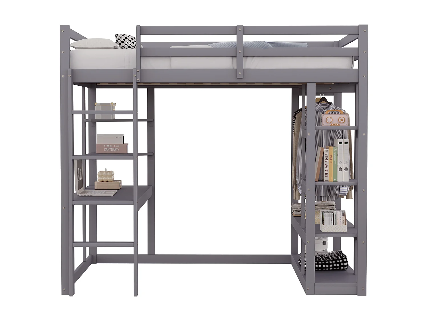 Soppalco illuminato 140x200 cm bois massif con scrittoi étagères e porte-vêtements gris