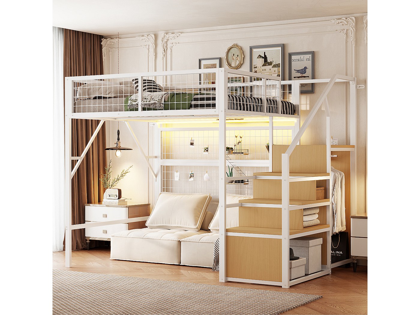 Lit Mezzanine 2 Places Avec Bureau Et Rangements - 140x200 Cm, Structure Métal Noir - Éclairage LED Et Ports USB Intégrés