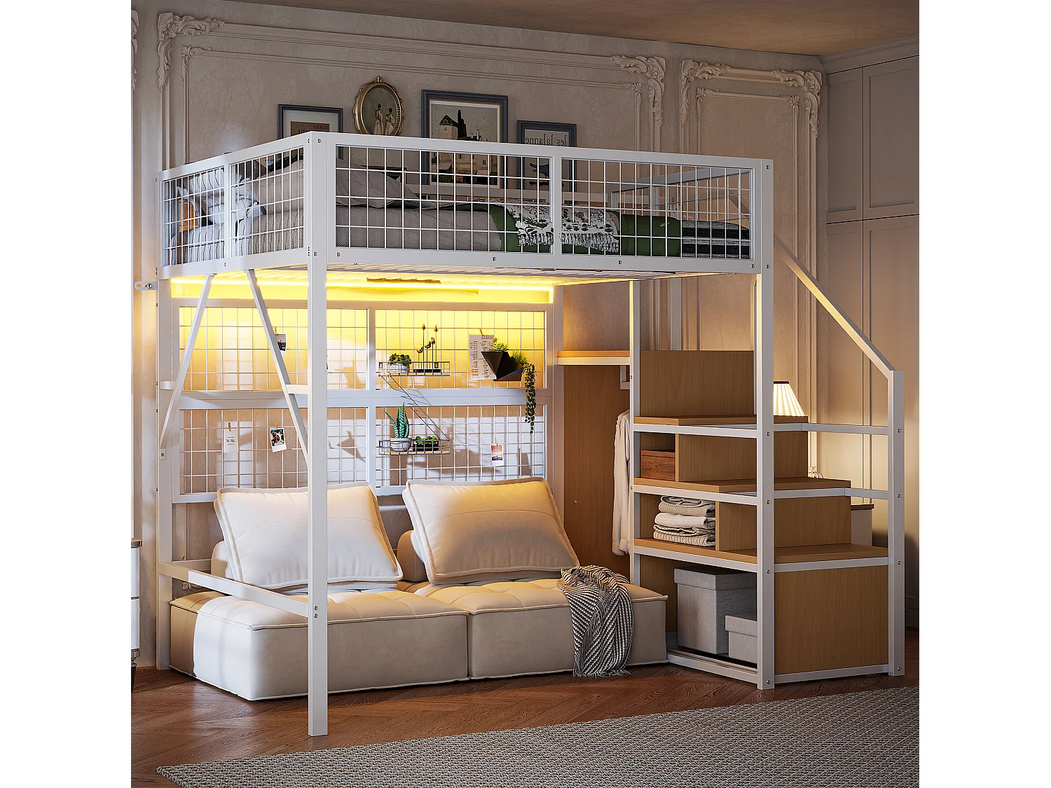 Soppalco illuminato 140x200 in metallo per bambini Scala a LED per armadio bianco