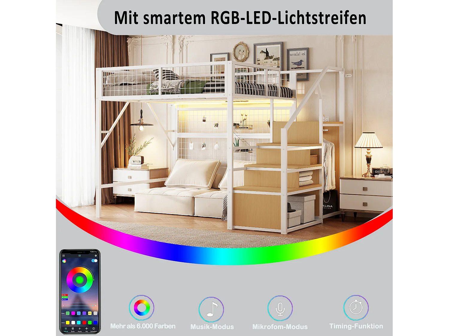 Soppalco illuminato 140x200 in metallo per bambini Scala a LED per armadio bianco